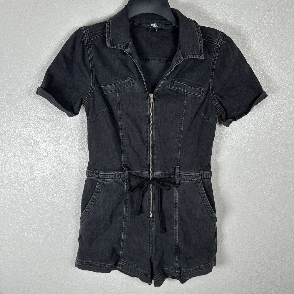 Paige Meg Short Sleeve Romper Waist Tie Womens 4 Black Dove Denim Stretch V Neck